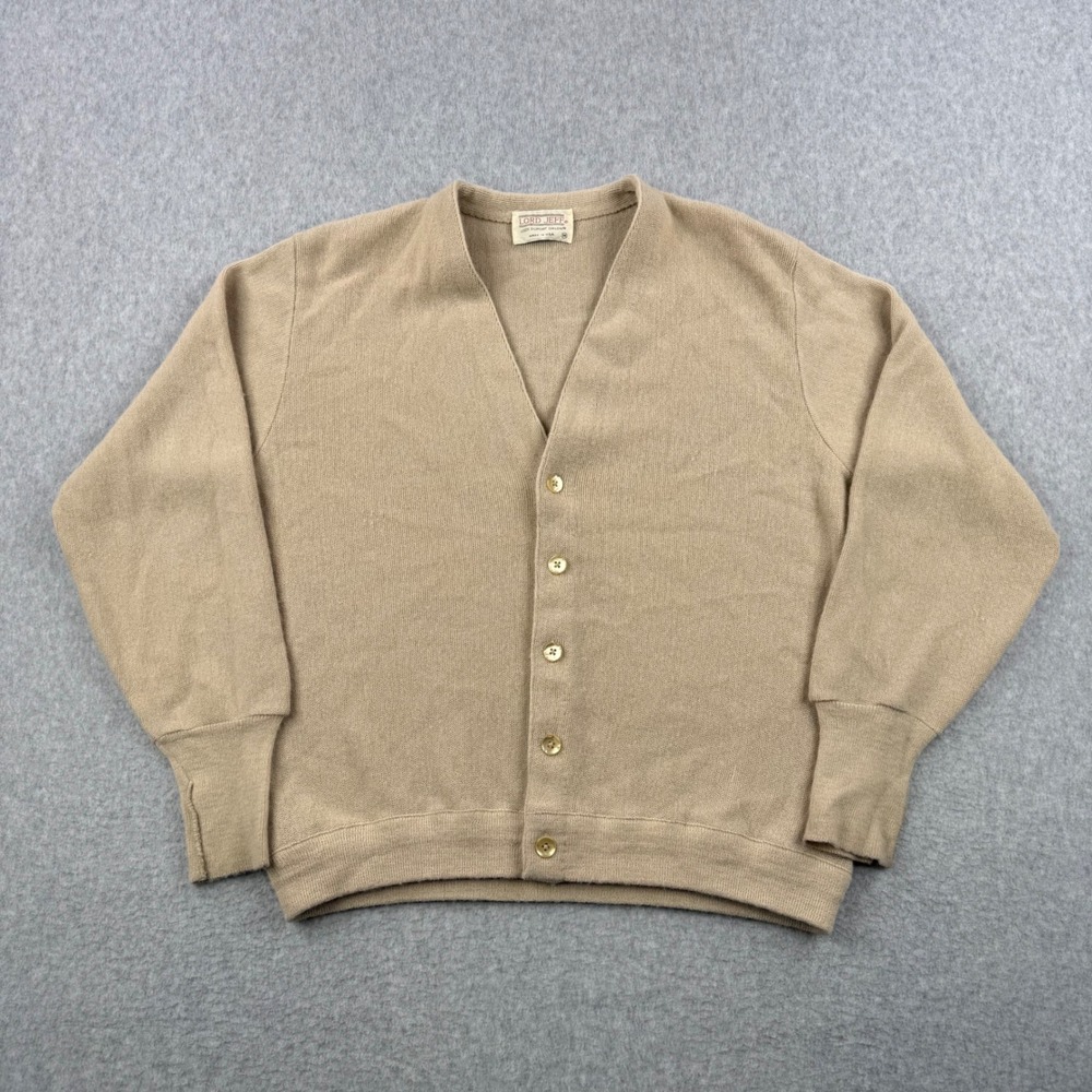 Vintage Lord Jeff Cardigan Mens Medium Beige 70s Button Front 100% Dupont Orlon